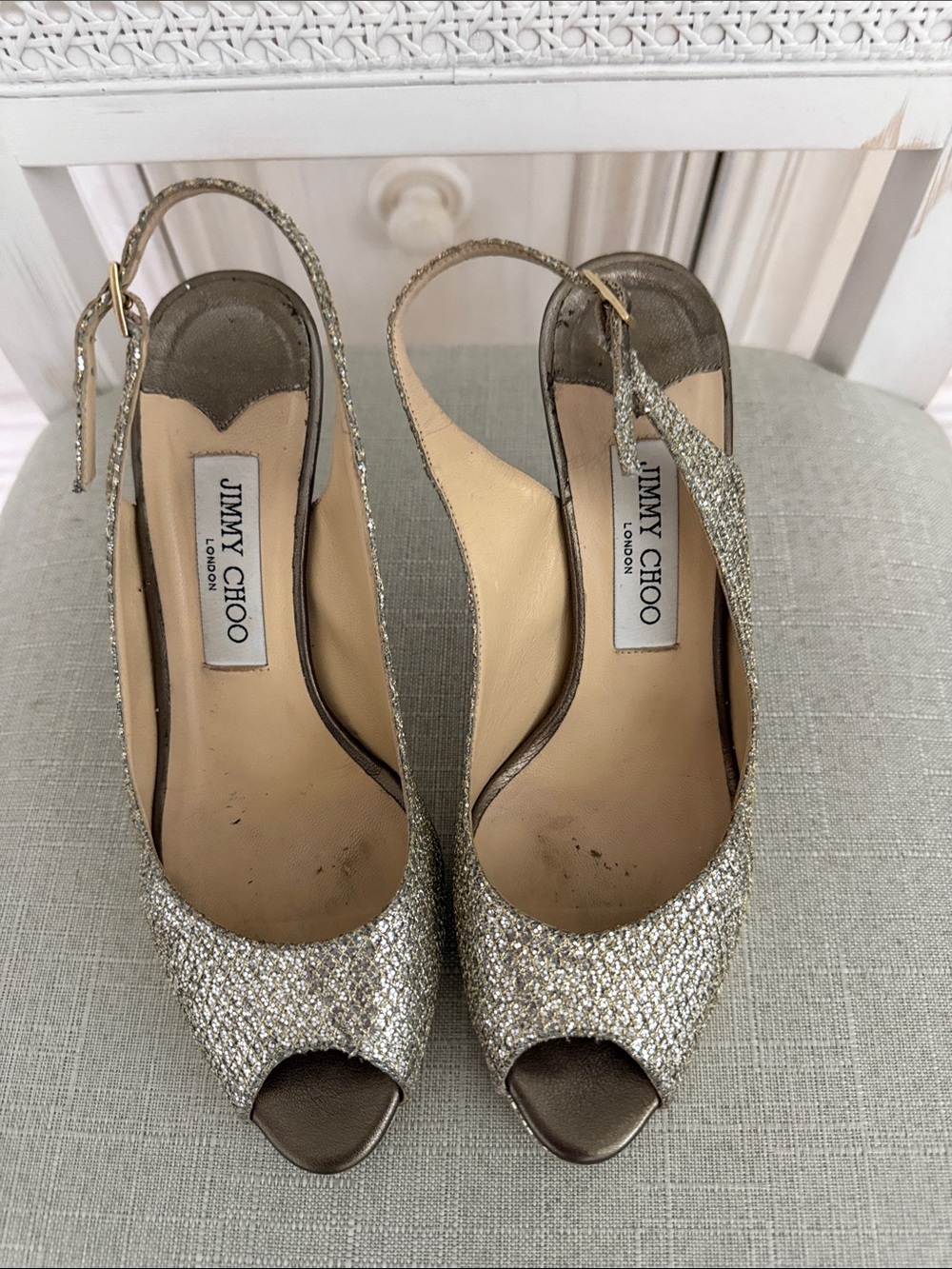 Jimmy Choo gold Glitter Peep-Toe Slingback Heels